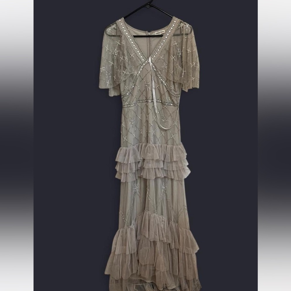 Amelia Rose gray maxi dress with silver beading and sequins Size 8